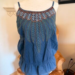 Embroidered Blue Sleeveless Tank Top